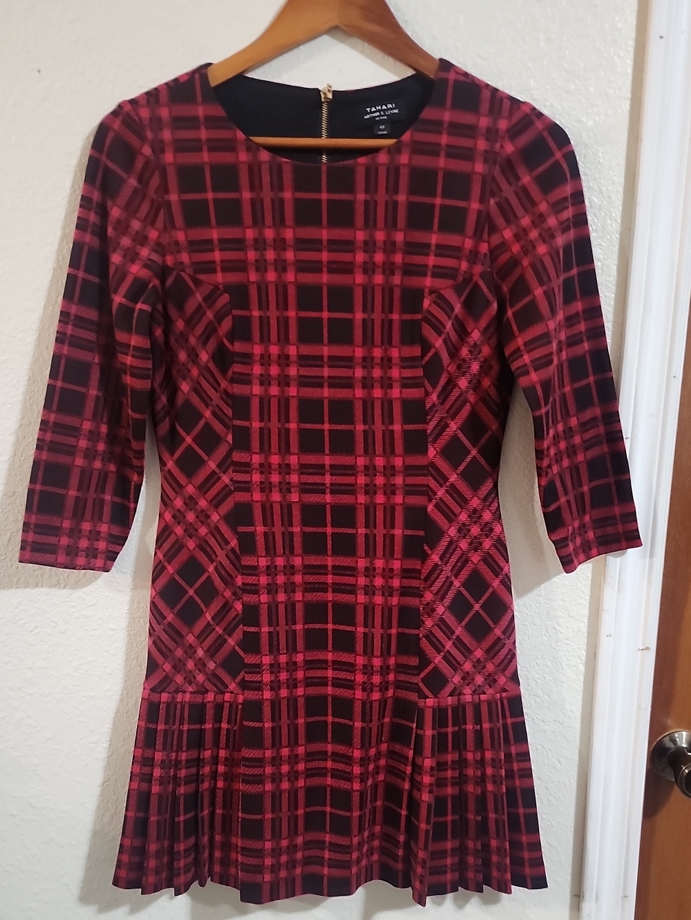 Tahari Black and Red Plaid Sheath Dress with Pleated Hem